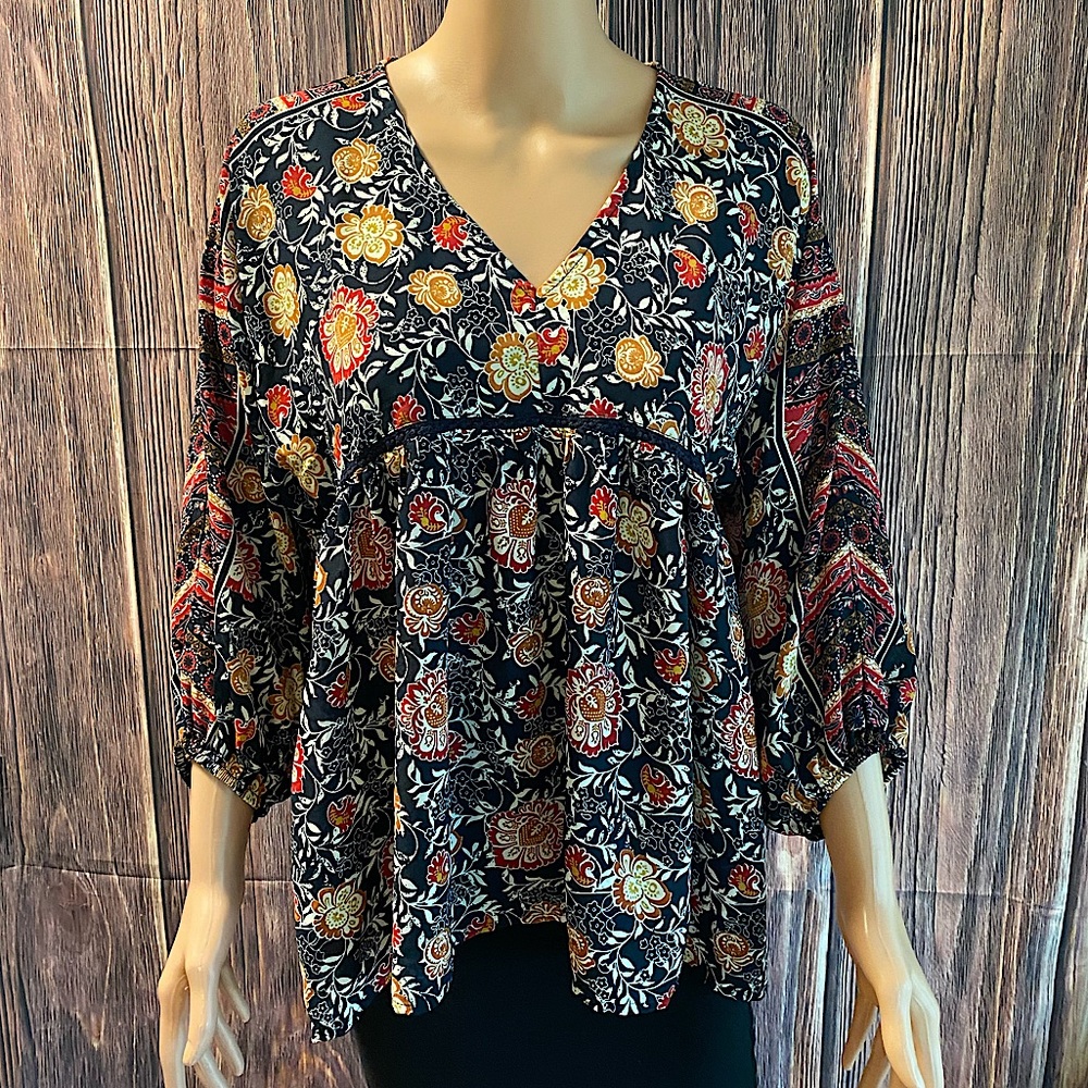 Knox Rose boho peasant flowy summer blue red & yellow top blouse size small